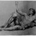 Lying male nude propped on left arm, gazing upward